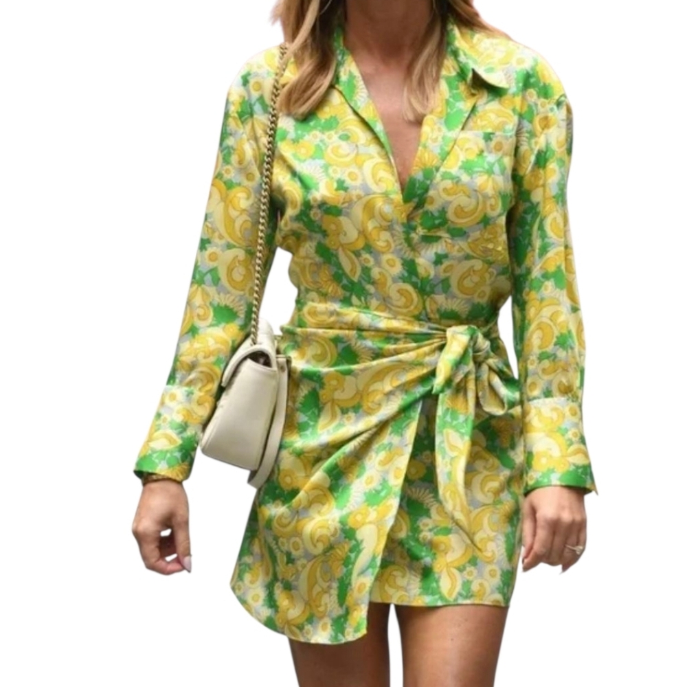 Zara Retro Wrap Dress XXL Green/Yellow EUC